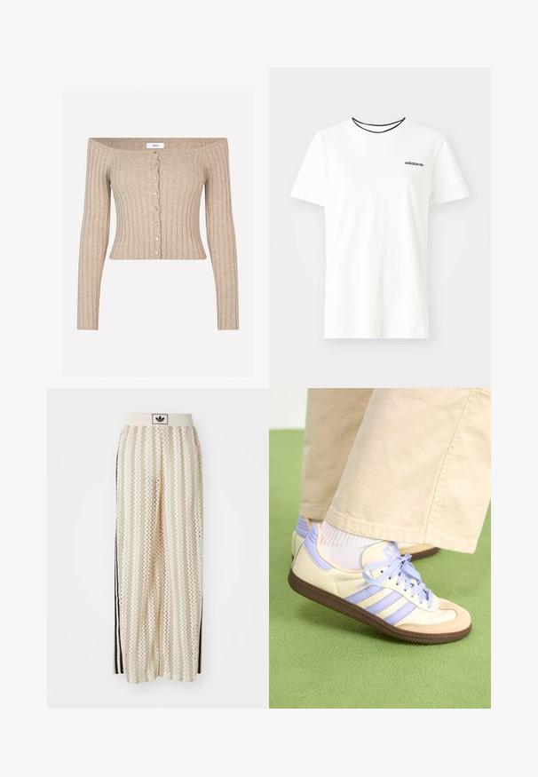 Beige ribbet sweater med off-shoulder design, lange ærmer, en tætsiddende silhuet og en scallop-knapliste med dekorerede knapper.; Hvid bomulds t-shirt med korte ærmer og rund halsudskæring. Har et sort Adidas-logo på brystet og en kontrasterende sort indvendig krave.; Cremefarvede bukser med vidde, der har et zigzag-mønster, med en sort logoelastik i taljen og sorte striber på siden. Letvægtigt, tekstureret stof.; Creme og lavendel sneakers med tre striber og en tekstureret brun sål, der har snørebånd og en polstret hæl. Blødt stof øvre.