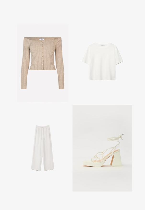 Bežasti rebrasti pulover s raskopčanima ramenima, dugih rukava, uskog kroja te s ukrasnim dugmadima na izrezanom gumbovanju.; Bijela majica kratkih rukava od pamuka. Ima okrugli izrez i opušteni kroj. Glatka tekstura bez vidljivih uzoraka ili naglasaka.; Bijele hlače širokih nogavica napravljene od lagane tkanine. Imaju elastičan pojas s ušicom i bočne džepove. Glatka tekstura.; Bijela sandala na visokoj potpetici s debelim petom, s remenom i vezanjem oko gležnja. Glatka tekstura s platformom sprijeda za dodatnu visinu.
