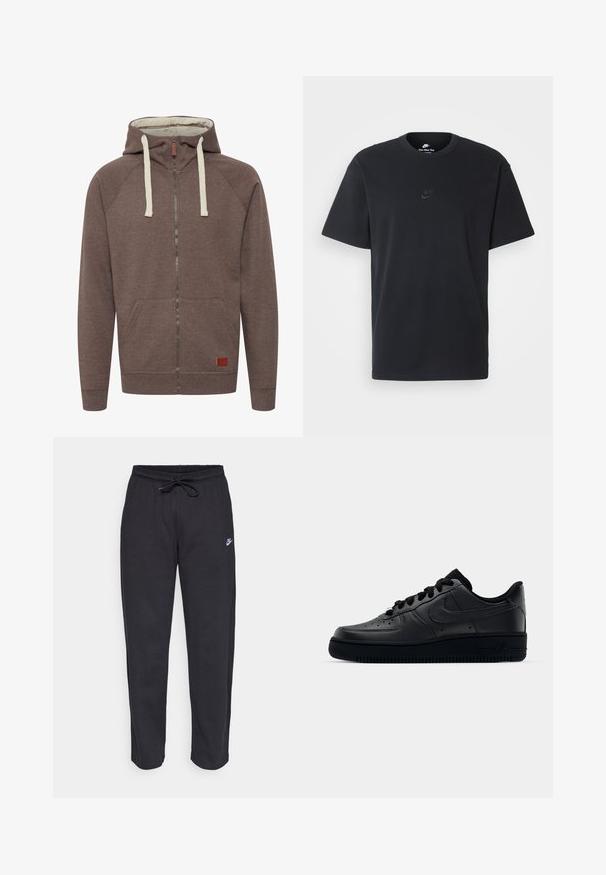 Brun zip-up hoodie med et tekstureret stof, kontrasterende cremefarvede snore, to forlommer og et lille læderdetalje.; Nike sort bomulds t-shirt med en klassisk rund hals, korte ærmer og et diskret, præget logo på brystet. Glat tekstur.; Sorte sweatpants lavet af blødt stof med elastisk talje, snøre og et lille Nike-logo på venstre lår.; Sort Nike Air Force 1 sneaker med en glat læderoverdel, perforeret tå for åndbarhed, sorte snørebånd og en textured gummisål.