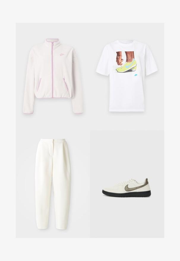 Casaco de lã branco com gola alta, fecho e detalhes em rosa, apresentando dois bolsos frontais e um pequeno logótipo rosa no peito esquerdo.; T-shirt branco de algodão com uma gráfica de pés em chuteiras Nike amarelas com detalhes azuis, combinado com uma pulseira no pulso esquerdo.; Calças brancas de cintura alta e corte tapered com fecho frontal oculto e bolsos laterais, exibidas contra um fundo branco liso.; Nike Sportswear FIELD GENERAL - Sapatilhas - off-white/black