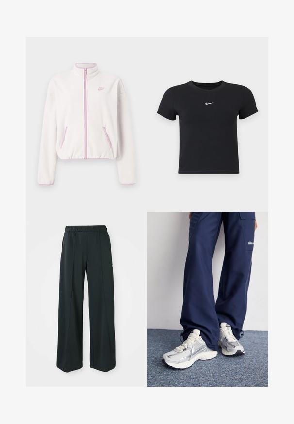 Hvit fleecejakke med høy krage, rosa glidelås og detaljer, med to front lommer og en liten rosa logo på venstre bryst.; Svart T-skjorte med kort arm laget av bomull med rund hals. Har en hvit Nike-logo på brystet, minimalistisk design og tettsittende fasong.; Sorte, vide treningsbukser med elastisk midje. Laget av glatt, elastisk stoff, med subtile front sømmar og utan lommer.; Nike treningssko med sølvfarget mesh-overdel, hvite detaljer og teksturerte såler, kombinert med løse mørkeblå bukser.