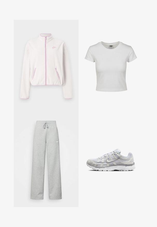 Balta flokšinė striukė su aukštu apykakle, rožine užtrauktuku ir apdaila, su dviem priekinėmis kišenėmis ir mažą rožinę logotipą kairėje krūtinėje.; Balta medvilnės marškinėliai su klasikiniais apykakle, trumpomis rankovėmis ir prigludusia forma. Nėra matomų raštų ar akcentų.; Pilkos sportinės kelnės su elastine juostele, su raišteliu ir mažu baltu Nike logotipu kairėje šlaunies pusėje. Minkšta medžiaga, laisvas pritaikymas.; Šviesiai pilki sportiniai batai su tinkline ir sintetine viršutine dalimi, turintys raištelių užsegimą, paminkštintą apykaklę ir tekstūruotą padą geresnei sukibimo kokybei.