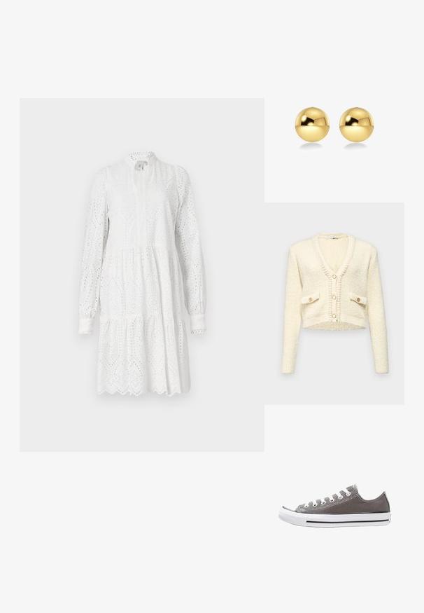 Gilet créme court avec col en V, tissu tricoté texturé, deux poches avant et trois boutons ronds de couleur contrastante.; Robe blanche à manches longues avec un motif d'œillets, un col haut et une jupe à volants. Elle présente un ourlet festonné et un léger froncement à la taille.; Baskets en toile grise avec semelle en caoutchouc blanche, bande noire et œillets en métal. Présente une forme arrondie, un design basse et un tissu texturé.; Boucles d'oreilles sphériques de couleur dorée avec une surface lisse et réfléchissante. Le design est simple et épuré, créant un look moderne et minimaliste.