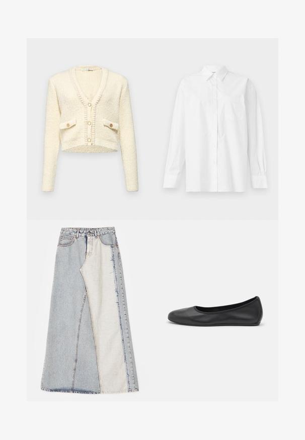 Lyhennetty vaalean beige neuletakki, jossa on V-pääntie, teksturoitu neulekangas, kaksi etutaskua ja kolme pyöreää nappia erottuvassa värissä.; Valkoinen pitkähihaisessa paidassa on puuvillaa, klassinen kaulus, napitus ja vasemmalla puolella yksi rintatasku.; Hame denim, joka esittelee tilkkutyösuunnittelua vaaleansinisistä ja keskisinisistä osista, repaleisilla helmillä ja korkealla vyötäröllä. Klassinen viisi-taskuinen tyyli.; Musta nahkainen ballerina, jossa on pyöristetty kärki, sileä pinta, minimaalinen ommelkoristelu ja joustava pohjamuotoilu.
