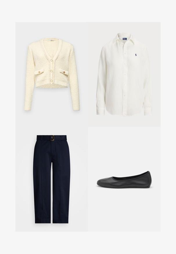 Cardigan crema accorciato con scollo a V, tessuto a maglia testurizzato, due tasche frontali e tre bottoni rotondi di colore a contrasto.; Camicia di lino bianca a maniche lunghe, con colletto button-down e bottoni frontali. Presenta un piccolo logo ricamato blu sul petto.; Pantaloni blu navy con una cintura intrecciata e una fibbia dorata, caratterizzati da un taglio dritto e pieghe stropicciate lungo il davanti.; Pantofole da balletto nere in pelle con punta arrotondata, texture liscia, dettagli di cucitura minimi e design con suola flessibile.