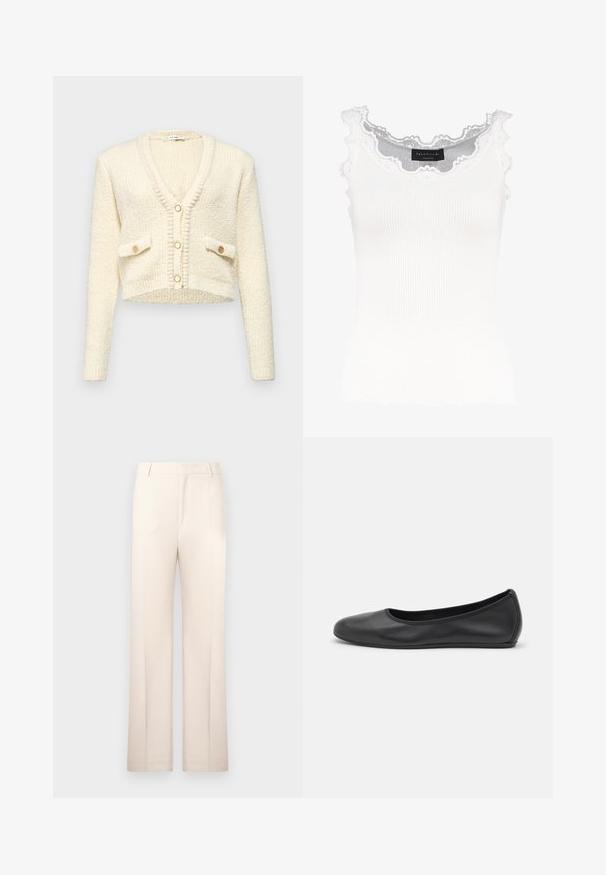 Cárdigan de crema recortado con escote en V, tejido texturizado, dos bolsillos frontales y tres botones redondos en color contrastante.; Top de tirantes blanco de canalé con encaje en el escote y las mangas. Presenta una textura suave y una forma ajustada. Etiqueta de la marca visible en el interior.; Pantalones tailored beige con un diseño de pierna recta, hechos de tela ligera. Presentan pliegues en la parte delantera y una cintura clásica.; Bailarina de piel negra con punta redondeada, textura suave, detalle de costura minimalista y diseño de suela flexible.