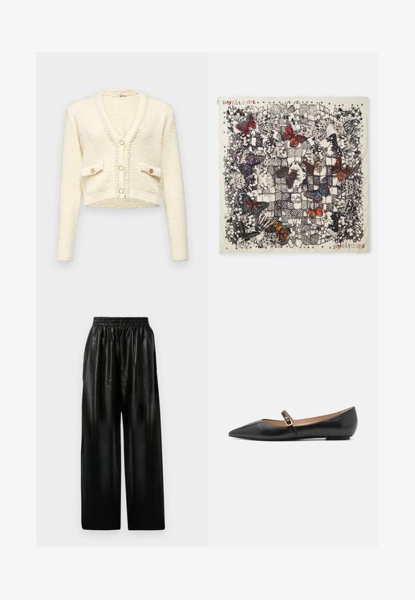 Cropped cream cardigan with a V-neck, textured knit fabric, two front pockets, and three round buttons in contrasting color.; White sleeveless top with a draped detail in the front, made of soft, lightweight fabric. Features a round neckline and a relaxed fit.; Black leather wide-leg pants with an elastic waistband, featuring two side pockets and a smooth, shiny texture.; Black leather ballet flats with a pointed toe and a side strap featuring a circular gold accent. Lightweight with a flat sole.; Square silk scarf featuring detailed butterfly illustrations in various colors on a light background, with black outlines and decorative patterns.