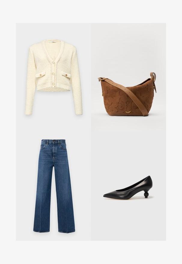 Kort crèmekleurig vest met een V-hals, textuur gebreide stof, twee voorkruiszakken en drie ronde knopen in een contrasterende kleur.; Witte gebreide top met korte mouwen en een ronde halslijn, met een gladde textuur en subtiele ribgebreide accenten bij de mouwen en de zoom.; Wijd-uitlopende blauwe jeans van denim met een hoge taille, voorzakken en contrasterende stiksels. De stof heeft een zachte textuur.; Zwarte leren hoge hak schoen met een spitse neus en een ronde, bolle hak. Gladde textuur met een elegant, minimalistisch ontwerp.; Bruine suède schoudertas met een geperst bloemmotief, aangevuld met een gladde bruin leren schouderband en accenten in goudkleurig metaal.