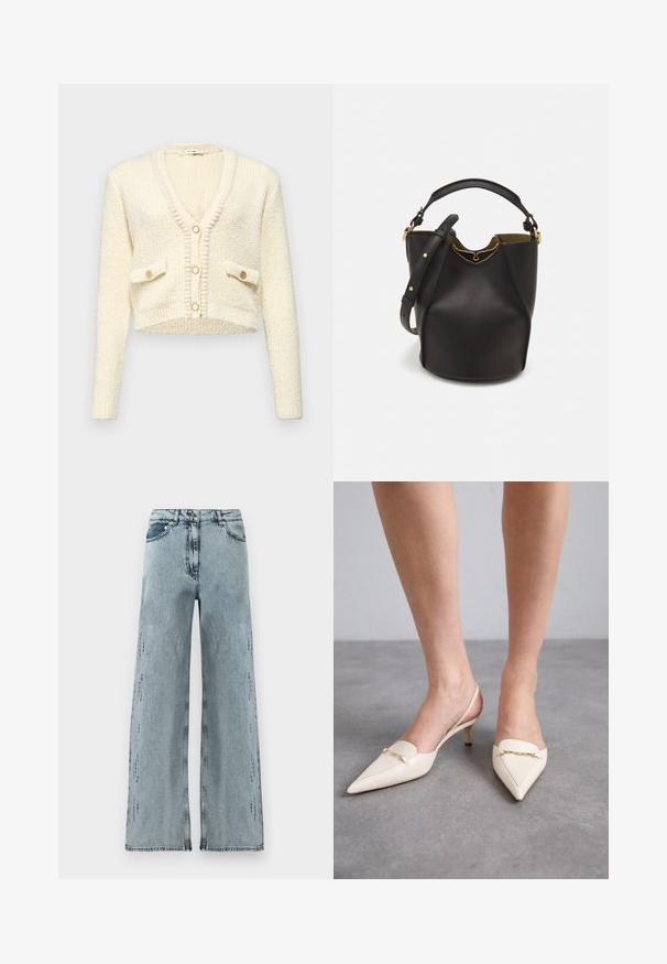 Kratka krema jopica z V-izrezom, teksturirano pletenino, dvema sprednjima žepoma in tremi okroglimi gumbi v kontrastni barvi.; Iro EMMA - Top - white; Svijetloplave široke traperice s visokom strukom, suptilnim istrošenjem i labavim krojem s ravnim nogavicama.; Kremne barve slingback pete z ostrim nosom in ozkim srednjim peto, ki jih krasi zlat verižni naglas na vampu in gladka usnjena tekstura.; Črna usnjena torba v obliki kante z teksturirano površino, z zlatimi kovinskimi detajli in odprtim vrhom. Ima kratek ročaj in prilagodljiv ramenski trak.
