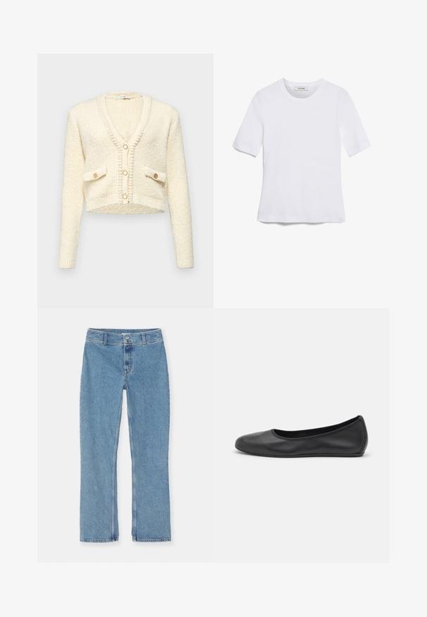 Cardigan crema accorciato con scollo a V, tessuto a maglia testurizzato, due tasche frontali e tre bottoni rotondi di colore a contrasto.; T-shirt bianca a maniche corte realizzata in tessuto a costine. Collo rotondo, vestibilità regolare e dettagli di cucitura sottili. Senza motivi o grafiche.; Jeans in denim blu chiaro con gamba dritta, chiusura con bottone e zip, passanti per cintura e cuciture standard su sfondo bianco.; Pantofole da balletto nere in pelle con punta arrotondata, texture liscia, dettagli di cucitura minimi e design con suola flessibile.