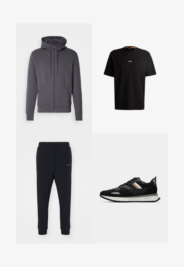 Šedá zipsová mikina s hladkým povrchom, nastaviteľnými šnúrkami, klokanie vrecká a rebrované manžety. Má jemné logo na hrudi.; Čierne bavlnené tričko s okrúhlym výstrihom, krátkymi rukávmi a bielym logom "BOSS" umiestneným na hrudi. Hladká textúra, voľný strih.; Čierne tepláky vyrobené z mäkkého materiálu s elastickým pásom, šnúrkou na stiahnutie a zúženými nohavicami. Obsahujú malé logo na boku.; Čierna bežecká obuv s textúrovaným povrchom, svetlošedými akcentmi a tromi horizontálnymi pruhmi v hnedej farbe. Obsahuje bielu polstrovanú podrážku.