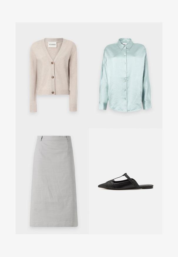 Beige cashmere cardigan with a V-neck, ribbed cuffs, and a row of four brown buttons down the front. Label reads "CLOSED."; Light blue button-up shirt made of a shiny, soft fabric; features a collar, long sleeves, and rounded hem with a relaxed fit.; Gray pencil skirt with a smooth texture, fitted shape, and a flat waistband, featuring side seams and no visible patterns or accents.; Black leather slingback shoe with a pointed toe, featuring a woven accent and pleated upper design. Flat sole with minimal hardware.