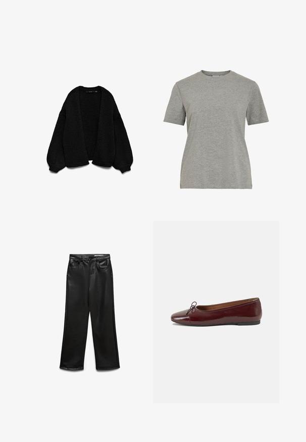 Schwarze Strickjacke mit strukturiertem Finish, offenem Frontdesign und übergroßen Ärmeln. Mit gerippten Bündchen und Saum.; Graues Baumwoll-T-Shirt mit klassischem Rundhalsausschnitt, kurzen Ärmeln und glatter Textur, geeignet für legere Kleidung.; Schwarze weite Hose aus Kunstleder mit Fronttaschen, Gürtelschlaufen und dezentem Glanz. Glatte Textur und maßgeschneiderte Passform.; Burgunderfarbenes, lackiertes Ballettschuh mit abgerundetem Zehenbereich, kleiner Schleifenakzent vorne und einer niedrigen, schwarzen Gummisohle. Glatte Textur.