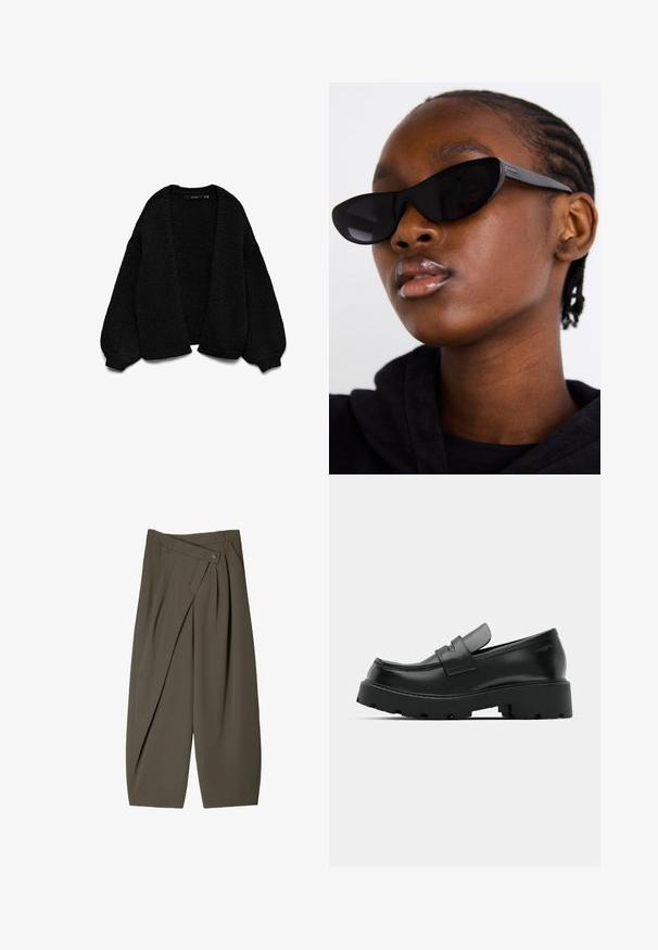 Cardigan nero lavorato a maglia con finitura testurizzata, design con apertura frontale e maniche oversize. Presenta polsini e orlo a coste.; Maglietta bianca in cotone con maniche corte, collo rotondo e tessuto liscio. Il retro è semplice, senza motivi o disegni aggiuntivi.; Pantaloni larghi in tessuto verde oliva scuro, con un design frontale plissettato, chiusura con bottone e una superficie lucida e strutturata.; Mocassini in pelle nera con suola spessa e texture, dotati di una fascia sulla parte anteriore e una finitura liscia e lucida.; Occhiali da sole a forma di occhio di gatto neri con finitura opaca, caratterizzati da un design elegante e bordi leggermente curvi, posizionati su un indumento scuro indossato da un modello.
