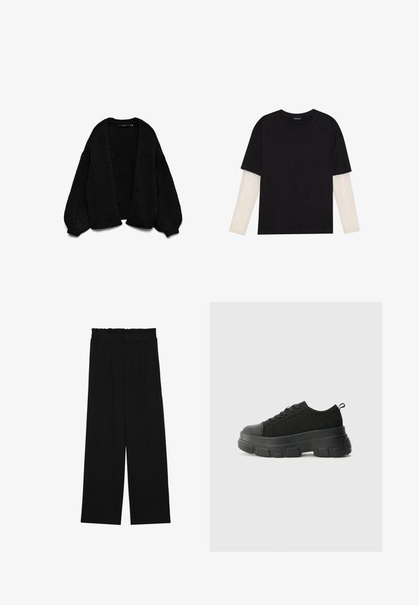 Cardigan de punto negro con un acabado texturizado, diseño de frente abierto y mangas extra grandes. Presenta puños y dobladillo acanalados.; Camiseta negra de algodón, con mangas cortas sobre una capa blanca de manga larga con un patrón texturizado sutil. Diseño de escote redondeado.; Pantalones de pierna ancha negros con una cintura con volantes, que cuentan con dos bolsillos laterales y una tela suave y ligera. Sin patrones visibles ni accesorios.; Zapatillas negras con suela de goma gruesa, parte superior de tela texturizada, punta redonda y diseño con cordones. Presenta ojales reforzados y tirador en la parte trasera.