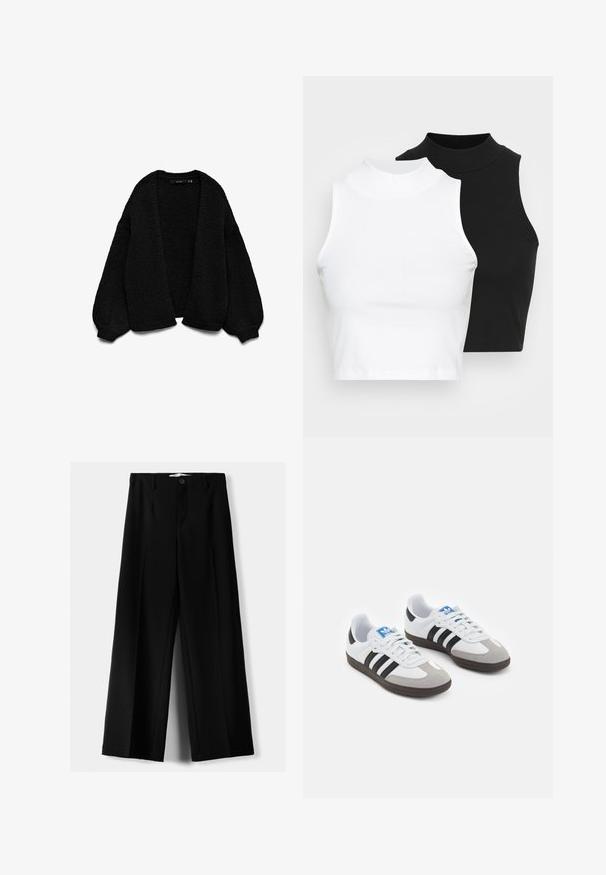 Sort strikket cardigan med tekstureret finish, åben frontdesign og oversized ærmer. Har ribbede manchetter og kant.; To kjoleløse ribbede turtleneck-toppe i sort og hvid, med en tætsiddende design og glat tekstur, samt cropped længde.; Sorte brede bukser lavet af letvægtsstof, med frontknaplukning og glat front, samt pænt syede kanter.; Sportsko med en overdel i hvid læder, grå ruskind på tåen og tre sorte striber. Har et blåt logo på tungen og en struktureret gummisål.