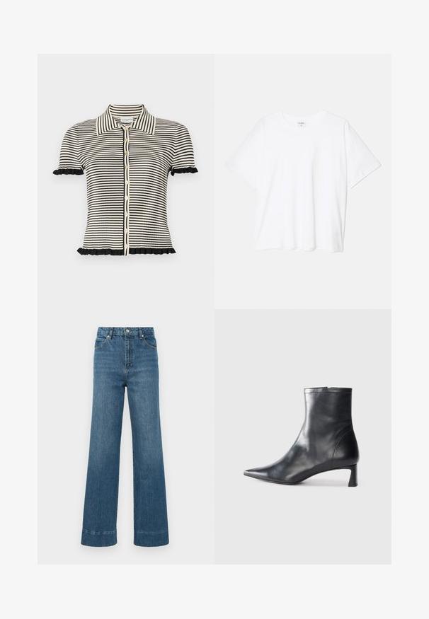Cardigan a maniche corte a righe in nero e crema. Presenta un colletto a punta, chiusura con bottoni e rifiniture arricciate sulle maniche.; T-shirt bianco in cotone con maniche corte, scollo rotondo, vestibilità comoda e orlo cucito. Etichetta visibile all'interno del colletto.; Jeans in denim blu a gamba larga presentano una vita alta, design a cinque tasche e orlo sfilacciato. Il tessuto ha una texture liscia con leggere sfumature.; Stivaletto in pelle nera con punta affusolata e design elegante. Presenta un tacco basso e una chiusura con zip sul retro. Texture liscia.