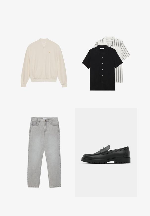 Balta zip-up džemperis su rausva tekstūra, raukšlėtomis rankovėmis ir apačia, šoniniais kišenėmis ir mažo auksinio logotipų akcentu ant krūtinės.; Du šortais rankovėmis marškiniai: vieni visiškai juodi, kiti balti su juodomis vertikaliomis juostelėmis. Abu turi mygtukų užsegimus ir klasikinį apykaklę.; Šviesiai pilki džinsai su tiesiu kirpimu, penkiais kišenėmis ir mygtuko uždarymu. Matoma siuvimo linija palei siūles.; Juodi odiniai loaferiai su apvalia nosimi, su siuvinėtu dizainu, žemu platformos padu ir tekstūruotu, sukibimo raštu padu.