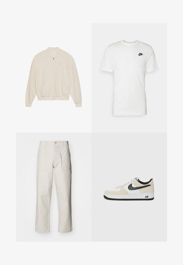 Weißer Zip-Up Hoodie mit gerippter Textur, gerippten Bündchen und Saum, Seitentaschen und einem kleinen goldenen Logoakzent auf der Brust.; Weißes Baumwoll-T-Shirt mit kurzen Ärmeln, rundem Halsausschnitt und einem schwarzen Nike-Logo auf der linken Brust. Glatte Textur und klassische Passform.; Helle beige weit geschnittene Hose aus Baumwolle. Verfügt über Fronttaschen und einen Knopfverschluss. Glatte Textur mit dezenten vertikalen Streifen.; Sneaker mit einem hellbeigen Wildleder- und weißen Leder-Obermaterial, schwarzem Nike-Swoosh, schwarzen Akzenten und einer weißen Gummisohle mit "AIR"-Branding.