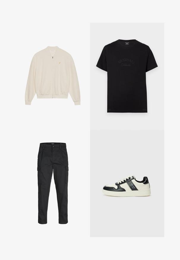 Biała bluza na zamek z teksturowanym ribem, ściągaczami na rękawach i dole, bocznymi kieszeniami oraz małym złotym logo na piersi.; Czarny bawełniany t-shirt z krótkim rękawem i okrągłym dekoltem. Na przedzie znajduje się wytłoczone napisy "ORIGINALS Studio" w tonacji kolorystycznej.; Czarne spodnie cargo wykonane z wytrzymałego materiału, z wieloma kieszeniami, zapięciem na guzik oraz zwężanym krojem nogawek.; Skórzane sneakersy w czarno-kremowym schemacie kolorystycznym, z perforowanymi akcentami, wyściełanym kołnierzem i teksturowaną podeszwą.