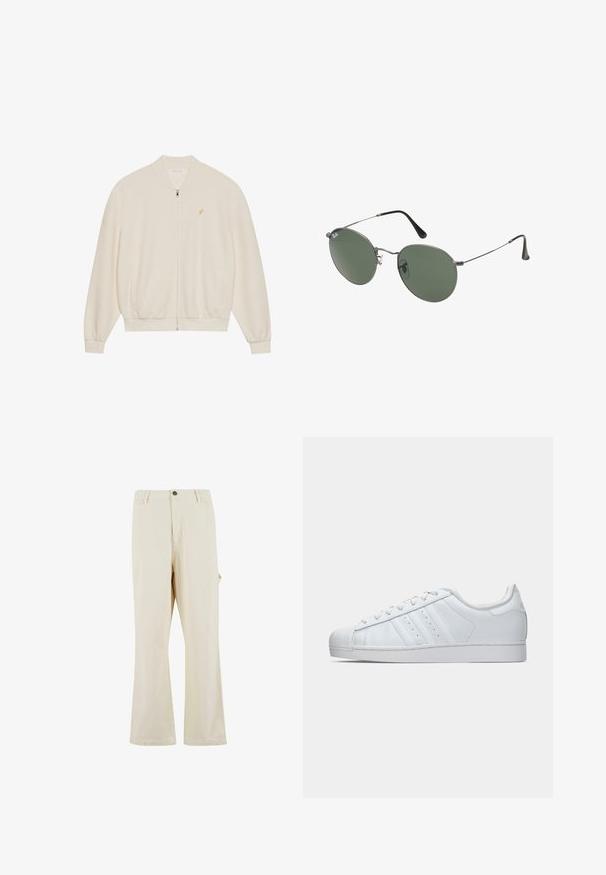 Biela zipová mikina s rebrovanou textúrou, rebrovanými manžetami a lemom, bočnými vreckami a malým zlatým logom na hrudi.; Čierne bavlnené tričko s výstrihom do okrúhla, krátkymi rukávmi a rovný lem. Hladká textura; jednoduchý, nezdobený dizajn.; Béžové nohavice s širokým strihom vyrobené z látky s prímesou bavlny s uzáverom na gombík. Obsahujú bočné vrecká a majú jemnú textúru. Viditeľné švy.; Biele kožené tenisky s textúrovanou gumovou špičkou, tromi postrannými pruhmi a polstrovaným golierom. Ploché biele šnúrky a minimalistický dizajn.; Sunglass s metalovým rámom s oválnymi zelenými šošovkami. Tenký strieborný kovový rám a čierne štuple za uši. Minimalistický dizajn, bez viditeľných log.