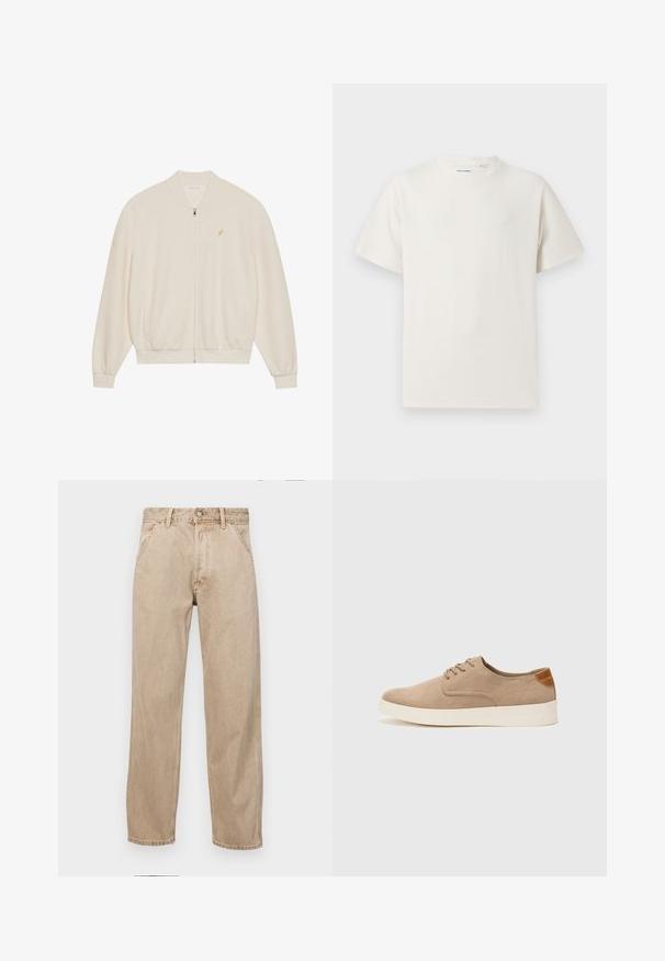Biała bluza na zamek z teksturowanym ribem, ściągaczami na rękawach i dole, bocznymi kieszeniami oraz małym złotym logo na piersi.; Biała krótka koszulka z krótkim rękawem o żebrowanej fakturze. Okrągły dekolt, luźny krój, brak widocznych wzorów lub akcentów. Prosty i uniwersalny design.; Beżowe dżinsy o prostym kroju, z przednimi kieszeniami, metalowym zapięciem na guzik i delikatną teksturą.; Beżowe zamszowe sneakersy z okrągłym noskiem, sznurowanym przodem i teksturowanym akcentem na tyle. Biała gumowa podeszwa tworzy kontrast. Prosty i nowoczesny design.