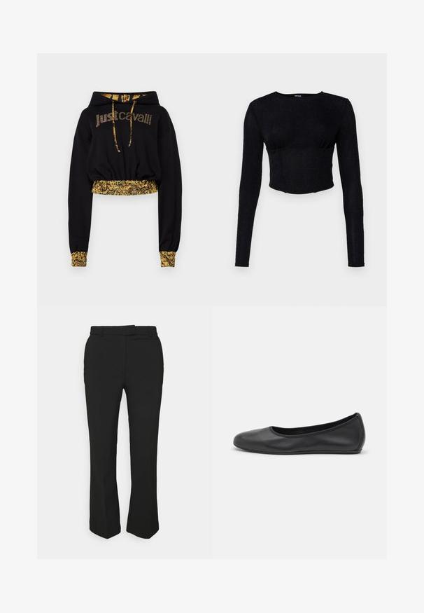 Felpa nera cropped con cappuccio, dotata di lacci dorati e la scritta "just cavalli" in testo decorativo. Decorata con una vita e polsini con motivo.; Crop top nero a maniche lunghe realizzato in tessuto texturizzato, con un design aderente e dettagli arricciati sul décolleté.; Pantaloni neri su misura con design a gamba dritta, dotati di passanti per cintura e tasche laterali. Realizzati in tessuto liscio con una finitura pulita.; Pantofole da balletto nere in pelle con punta arrotondata, texture liscia, dettagli di cucitura minimi e design con suola flessibile.