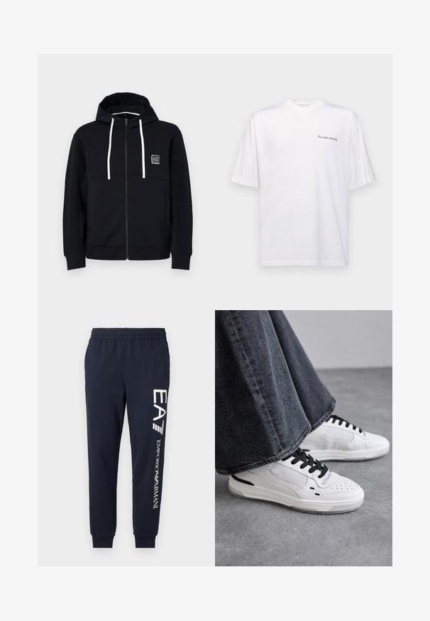 Sudadera negra con cremallera, cordones blancos, mangas negras texturizadas y un pequeño parche del logo en el pecho. Tejido suave con un estilo ajustado.; Camiseta blanca de manga corta en algodón con cuello en V, que presenta un logo negro de "FILLING PIECES" impreso en el lado izquierdo.; Joggers de algodón azul marino con cinturilla elástica, piernas estrechas y logotipos en blanco de EA7 y Emporio Armani impresos a lo largo del costado.; Zapatillas blancas con cordones negros y detalles de malla. Presenta un upper de cuero liso y una suela de goma texturizada. Combinadas con unos vaqueros de pierna ancha en gris.