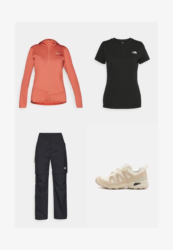 Kevyt, vetoketjullinen takki korallinvärisenä, jossa on teksturoitu kangas, istuva huppu ja kontrastiväriset paneelit. Varusteena on kaksi sivu vetoketjullista taskua ja logo.; Musta puuvillahihaton t-paita, jossa on pyöreä kaula-aukko ja lyhyet hihat. Huomattava valkoinen logo vasemmassa yläkulmassa. Sujuva kangas ja rento leikkaus.; Mustat nailonista valmistetut irrotettavat cargo-housut säädettävillä lahkeilla, useilla taskuilla ja logolla oikeassa jalassa. Liukas, kevyt rakenne.; Beige ja kreemi värvi sportlikud jalanõud, millel on tekstiilne mesh ülemine osa, toetavad ülekatted ja kummist tald, millel on mustripattern haardeks.
