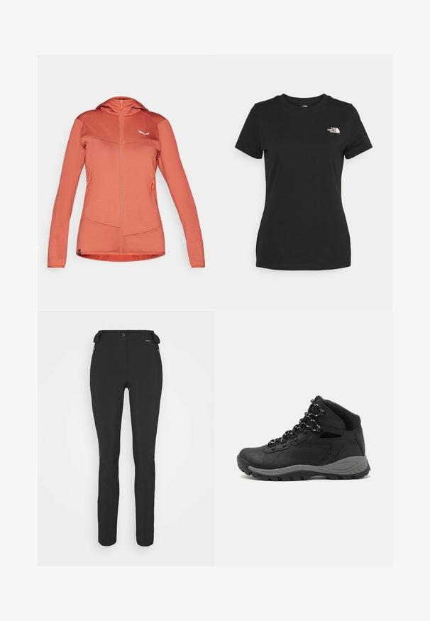 Leichte, mit Reißverschluss zu schließende Jacke in Koralle mit strukturiertem Stoff, passgenauer Kapuze und kontrastierenden Einsätzen. Verfügt über zwei seitliche Reißverschlusstaschen und ein Logo.; Schwarzes Baumwoll-T-Shirt mit Rundhalsausschnitt und kurzen Ärmeln. Auffälliges weißes Logo auf der oberen linken Seite. Glatte Textur, lässige Passform.; Schwarze, enganliegende Hosen aus einem flexiblen Material. Zu den Merkmalen gehören eine seitliche Reißverschlusstasche, vorgeformte Knie und eine glatte Textur.; Schwarzer Wanderstiefel mit einem mittelhohen Design, ausgestattet mit einer strukturierten Oberfläche, grauen Akzenten und einer robusten Gummisohle mit Profilstollen.