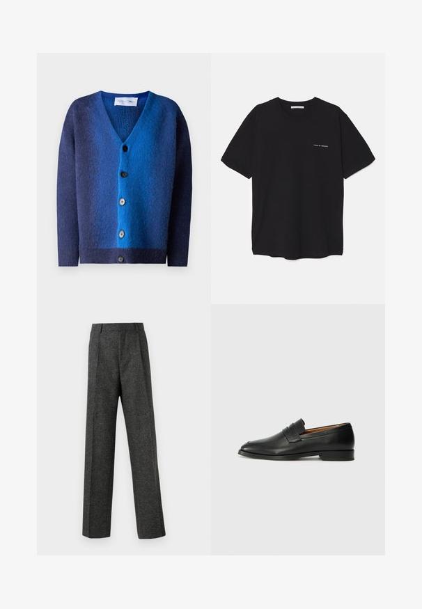 Světle modrý gradientní cardigan s výstřihem do V, vyrobený z měkkého pleteného materiálu. Obsahuje pět knoflíků a texturovanou vnitřní podšívku.; Černé bavlněné tričko s kulatým výstřihem, krátkými rukávy a bílým logem potisknutým na levé straně hrudi. Jednoduchý, jednobarevný design.; Šedé kalhoty na míru vyrobené z texturované tkaniny, s dvěma předními záhyby a rovnými nohavicemi. Bez viditelných kapes nebo ozdob.; Černé kožené mokasíny s kulatou špičkou, jemným prošíváním a nízkým podpatkem, s hladkým povrchem a minimalistickým designem.