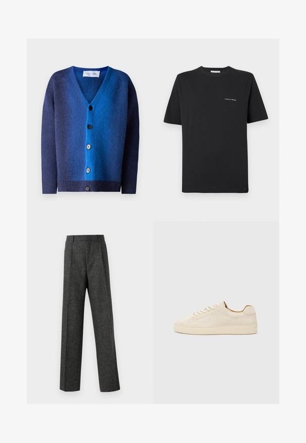 Cardigã em degradê azul com decote em V, feito de um material de malha suave. Apresenta cinco botões e um forro texturizado por dentro.; Camisa de algodão preta com decote redondo, mangas curtas e um pequeno logo branco "TIGER OF SWEDEN" no peito. Corte clássico.; Calças cinzentas ajustadas, feitas de um tecido texturizado, com duas pregas frontais e um design de perna reta. Sem bolsos visíveis ou enfeites.; Sapatilhas de camurça bege com um design de cano baixo, bico redondo, atacadores planos e uma sola de borracha texturizada. Estilo minimalista sem logótipos visíveis.