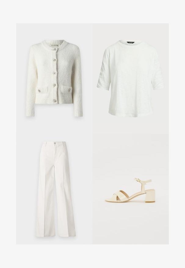 Valkoinen neulecardigan, jossa on pyöreä kaula-aukko, viisi koristeellista nappia, kaksi etupussia sekä ribbireunat hihoissa ja helmassa. Pehmeä, teksturoitu kangas.; Valkoinen lyhythihainen t-paita, joka on valmistettu kevyestä kankaasta. Ominaisuuksiin kuuluu pyöreä pääntie ja rento istuvuus, jossa on hienovarainen tekstuurikuvio.; Valkoiset leveälahkeiset housut, jotka on valmistettu puuvillasta ja joissa on sileä rakenne. Ominaisuuksiin kuuluvat etupainike, vetoketjuluukku ja neljän taskun muotoilu.; Beige patento nahkapohjalliset korkokengät ristiin menevällä hihnalla, avonaisella varpaalla, säädettävällä nilkkahihnalla ja lohkarekorolla. Sujuva pinta.