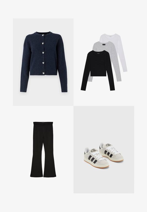 Navy blue cardigan made of soft, textured fabric. Features a round neck, long sleeves, and six heart-shaped silver buttons down the front.; Three long-sleeve tops stacked: black, grey, and white. Each has a round neckline and a cropped design with smooth, lightweight fabric.; Black flare leggings made from stretchy fabric. Features a wide waistband and a smooth texture, with a fitted silhouette that flares at the hem.; Gray suede sneakers with white laces, black stripes, and a white rubber sole. Features a circular logo on the tongue and a gum sole.