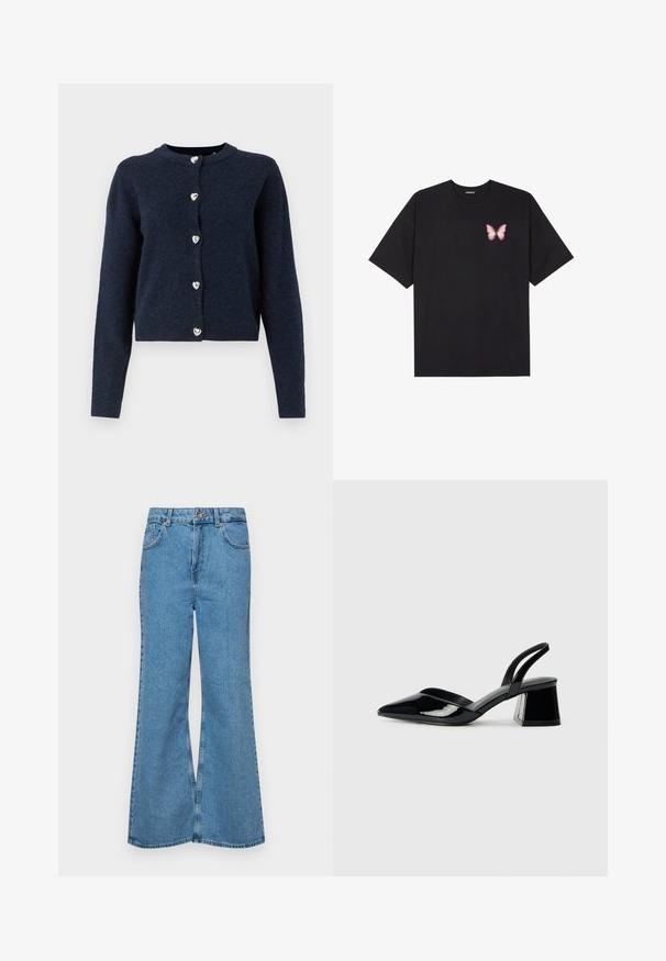 Navy blue cardigan made of soft, textured fabric. Features a round neck, long sleeves, and six heart-shaped silver buttons down the front.; Black cotton t-shirt with short sleeves, featuring a small pink butterfly graphic on the left chest. Crew neck design with a relaxed fit.; Light blue flared jeans made of denim, featuring a high waist, five pockets, and a single button closure. Soft texture with faded finish.; Black patent leather slingback heels with a pointed toe and a geometric block heel. Features a sleek, minimal design and smooth texture.