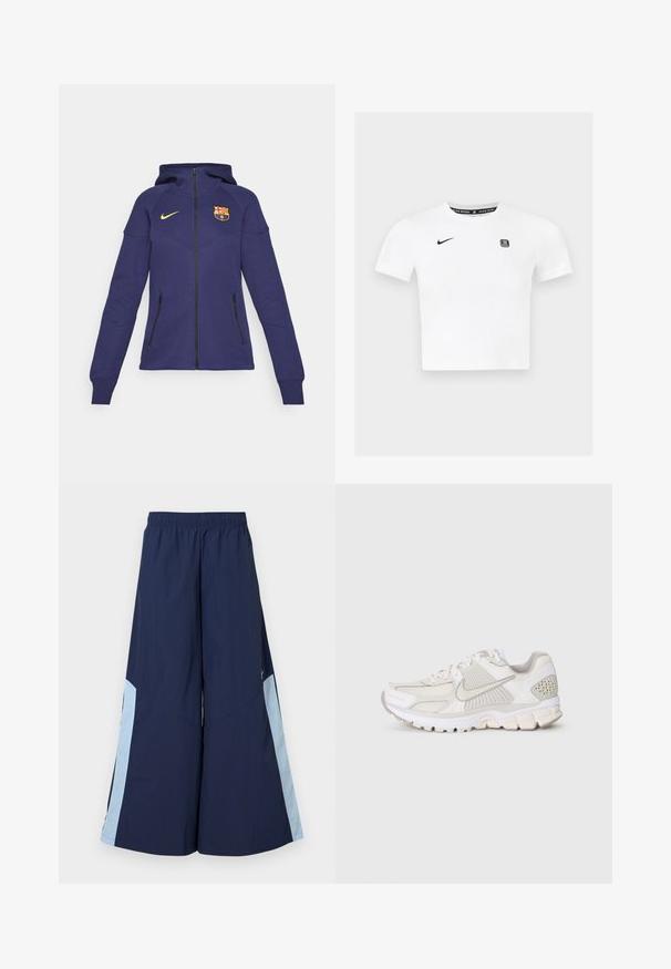FC Barcelona purpursvārts džemperis ar mīkstu audumu; tas ir ar rāvējslēdzēja priekšpusi, kapuci, zeltītu Nike logotipu, kluba emblēmu un divām melnām rāvējslēdzēju kabatām.; Balta īsās piedurknes T-kreklā ar apaļu kakla izgriezumu, melnā Nike logo kreisajā krūtī un grafisku etiķeti kakla iekšpusē.; Jūras spēku platākā kāju bikses ar elastīgu jostasvietu, kurām ir gaiši zilas sānu ielaidumi un gluda tekstūra. Izstrādātas komfortam un vieglai kustībai.; Biežņu sporta apavi ar sietu un sintētiskām materiālām. Piedāvā teksturētu dizainu, mīkstu apkakli un ģeometriskus akcentus uz papēža.