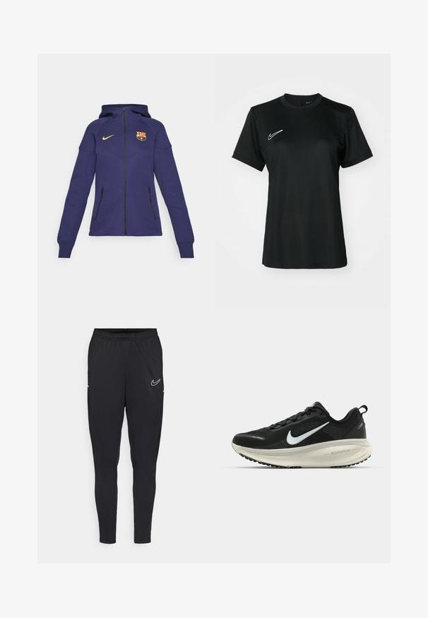 Hoodie violet du FC Barcelone en tissu doux ; présente une fermeture éclair à l'avant, une capuche, un logo Nike doré, un emblème du club et deux poches zippées noires.; T-shirt de sport noir à manches courtes avec un col rond. Présente un logo Nike blanc sur le côté supérieur gauche. Tissu lisse et léger.; Pantalons de sport noirs en tissu léger, avec une taille élastique, une coupe ajustée et un logo Nike blanc sur la cuisse.; Baskets de course noir Nike avec tige respirante en mesh, logo swoosh blanc, détails texturés et semelle intermédiaire ZoomX de couleur crème.