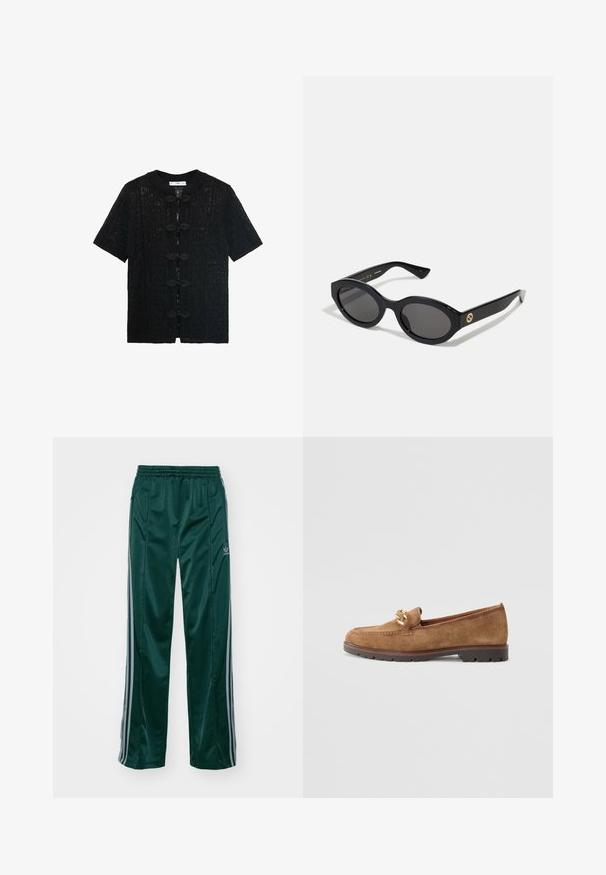 Černý top s krátkým rukávem s texturovaným krajkovým vzorem, s kulatým límcem a dekorativními knoflíkovými zapínáními vpředu.; Hnědá dlouhá košile s límečkem, zapínáním na knoflíky vpředu a detaily v podobě záhybů. Vyrobeno z hladkého materiálu se přiléhavým střihem.; Tmavě zelené sportovní kalhoty vyrobené z lesklého materiálu, s bočními pruhy ve světle šedé barvě a vyšitým logem na levé noze.; Tamaris Polobotky - camel; Černé oválné sluneční brýle s tmavými skly a lesklým plastovým rámem. Obsahují zlaté logo na straně, které poskytuje elegantní a moderní design.; Zlaté kulaté náušnice s hladkým povrchem a malým tácem. Mají jemnou texturu a odrazový povrch.