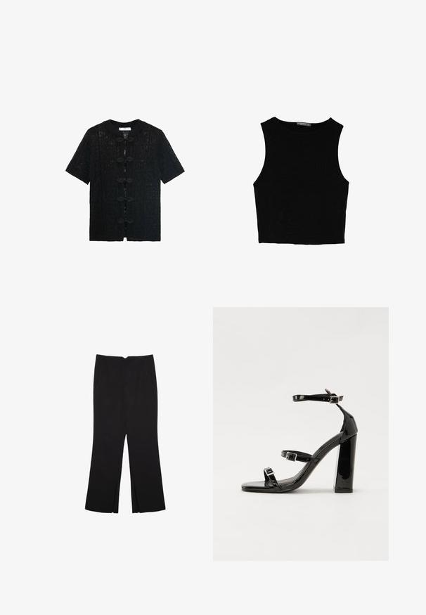 Mustat lyhythihaiset paita, jossa on teksturoitu pitsikuvio, pyöreä kaulus ja koristeelliset nappisulkuet etuosassa.; Musta hihaton crop-top, joka on valmistettu sileästä kankaasta, jossa on pyöreä kaula-aukko ja siisti, yksinkertainen muotoilu ilman kuvioita tai varusteita.; Mustat housut suoralinjaisella leikkauksella, joissa on etutaskut ja sivurei'ät helman alla. Valmistettu pehmeästä ja sileästä kankaasta. Sopii eri tilaisuuksiin.; Musta kiiltävä korkokenkä sandaalit neliönmuotoisella varpaalla, nilkkaremmillä ja hopeisilla soljilla. Varustettu tukevalla lohkokorkealla vakauden takaamiseksi.