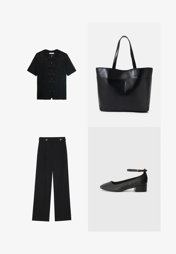 Črn kratkosleevni top z teksturiranim čipkastim vzorcem, ki ima okroglo ovratnico in dekorativne gumbaste zapiranja po sprednji strani.; Črna majica s kratkimi rokavi z širokim izrezom. Narejena iz mehkega, lahkega materiala. Preprost dizajn brez vzorcev ali poudarkov.; Črne široke hlače s visokim pasom, gumbnimi detajli na pasu in sprednjimi gubami.; Črne usnjene pumpice z nazobčanimi prsti in nizko blokasto peto. Imajo trak okoli gležnja z zaponko v zlatem tonu. Gladka tekstura.; Črna usnjena torba z dvema dolgima ročajema, gladko teksturo in strukturirano obliko. Ima sprednji žep za dodatno shranjevanje.