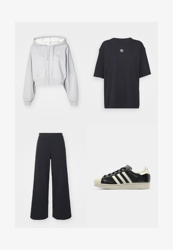 Lys grå kort zip-up hettegenser med snor i hetta, med en hvit logo på venstre bryst og ribbestrikkede mansjetter. Mykt materiale.; Svart bomull T-skjorte med korte ermer, rund halslinje, med en hvit Adidas-logo på brystet. Enkel design, avslappet passform.; Svart bukse med vid benvidde laget av myk stoff, med elastisk midjebånd og en liten logo på venstre side.; Svarte skinnsneakers med hvite striper, gummitopp, svarte lisser og en kremfarget såle. Glatt tekstur med blank finish.