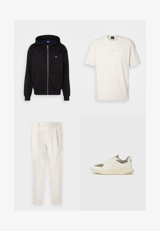 Hanorac negru cu fermoar, fabricat din bumbac, cu buzunar tip cangur, glugă ajustabilă cu șnur și logo albastru în zona stângă a pieptului.; BOSS TEE - Tricou basic - open white; Pantaloni albi plisati, cu o croială ajustată, având o textură netedă, bucle pentru curea și picioare conice. Fără buzunare vizibile sau modele.; Tenis sportivi alb și bej deschis, cu un înveliș din plasă, detalii perforate și o talpă intermediară texturată, având marcaj pe călcâi.