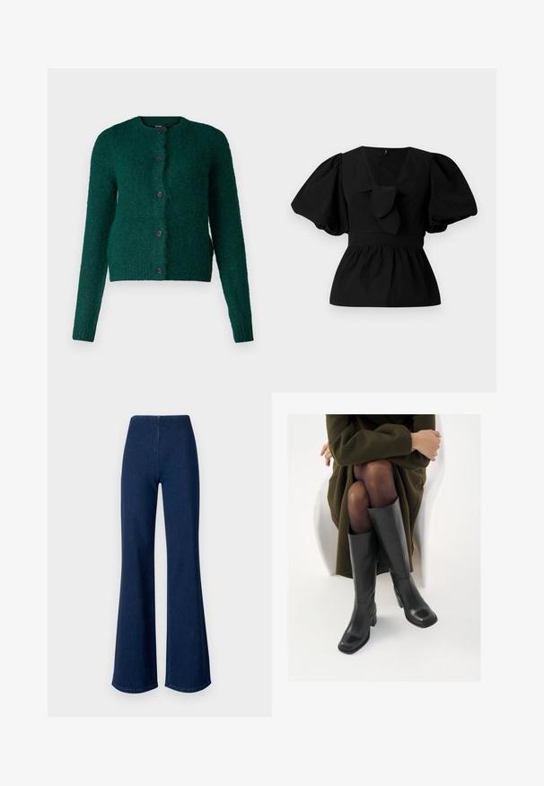 Vero Moda VMNOVAH LS O-NECK BUTTON NOOS - Kardigán - pine grove; Fekete pamut blúz V nyakkivágással, puffos ujjakkal és derékon megkötős díszítéssel. A felső rész ráncolt a peplum forma érdekében.; Sötétkék, trapéz szabású farmernadrág, rugalmas derékkal. Simás textúrával és széles lábszárral rendelkezik, amely a szegélyig terjed.; Térdfelett érő fekete bőr csizmák négyzet alakú orral és tömbtalppal, olajzöld kabátban ülő modellel bemutatva. Simaság, minimalista részletezés.