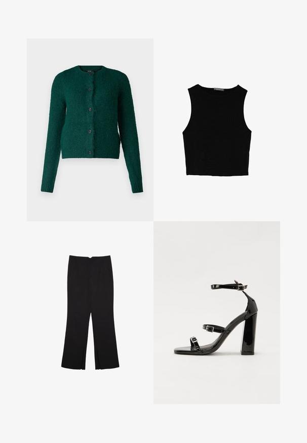 Vero Moda VMNOVAH LS O-NECK BUTTON NOOS - Kofta - pine grove; Svart ärmlös crop top i mjukt tyg, med rund hals och en ren, enkel design utan mönster eller detaljer.; Svarta byxor med rak passform, utrustade med framfickor och sidoklyvningar vid fållen. Tillverkade av mjukt, slätt tyg. Lämpliga för olika tillfällen.; Svarta lackerade klacksandaler med fyrkantig tå, ankelremmar och silverfärgade spännen. Har en kraftig blockklack för stabilitet.