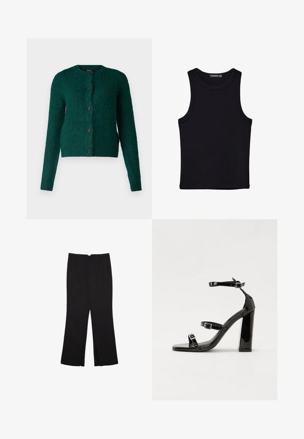 Vero Moda VMNOVAH LS O-NECK BUTTON NOOS - Kofta - pine grove; Svart linne i bomull, med rund halsringning och breda armhål. Slät yta med sydda fållar. Klassisk, minimalistisk design.; Svarta byxor med rak passform, utrustade med framfickor och sidoklyvningar vid fållen. Tillverkade av mjukt, slätt tyg. Lämpliga för olika tillfällen.; Svarta lackerade högklackade sandaler med två spännband, fyrkantig tå och en tjock klack, med en slät och glansig yta.