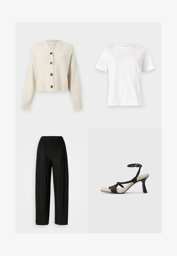Cardigan lavorato a maglia beige chiaro con scollo a V, cinque bottoni scuri, polsini e orlo a coste. Texture morbida e design corto.; T-shirt bianca in cotone con maniche corte, scollatura rotonda e vestibilità rilassata. Struttura liscia, senza motivi né accenti, design minimalista.; Pantaloni neri a gamba larga plissettati con vita elastica. Il tessuto presenta pieghe verticali e una consistenza liscia.; Sandal con tacco nero e design con cinturino intrecciato, punta quadrata e cinturino alla caviglia regolabile. Soletta beige chiaro con tacco nero lucido.