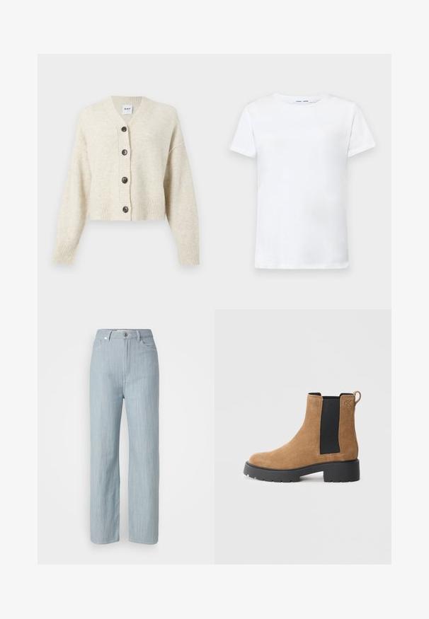 Cardigã de malha bege claro com decote em V, cinco botões escuros, punhos e barra canelados. Textura suave e design cropped.; T-shirt branca de manga curta feita de algodão com um design de gola redonda. Textura suave e corte reto, sem padrões ou acentos.; Calças de ganga azul-claro de perna reta. Apresentam cinco bolsos, fecho com botão metálico e um leve efeito de desgaste para adicionar textura.; Bota de tornozelo em camurça castanha com painel lateral elástico preto, sola grossa preta, alça na parte de trás e logotipo "cK" em relevo próximo ao tornozelo.