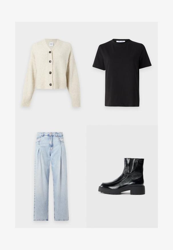 Vaaleanbeige neulecardigan, jossa on V-pääntie, viisi tummaa nappia, ribbireunat hihoissa ja helmassa. Pehmeä rakenne ja lyhyt muoto.; Musta lyhythihainen t-paita, joka on valmistettu pehmeästä puuvillasta. Paitassa on pyöreä kaula-aukko, rento malli ja sileä pinta. Ei näkyviä kuvioita tai graafisia elementtejä.; Vaaleansiniset farkut, joissa on korkea vyötärö, leveälahkeinen leikkaus, kaksi sivutaskua ja pleatattu muotoilu. Pehmeä rakenne, jossa on haalistunut viimeistely.; Mustat nilkkurit, joissa on kiiltävä patenttinahkafarba, paksu musta kumipohja ja korkeampi korko; sisältää hienovaraisen logon yksityiskohdan sivussa.