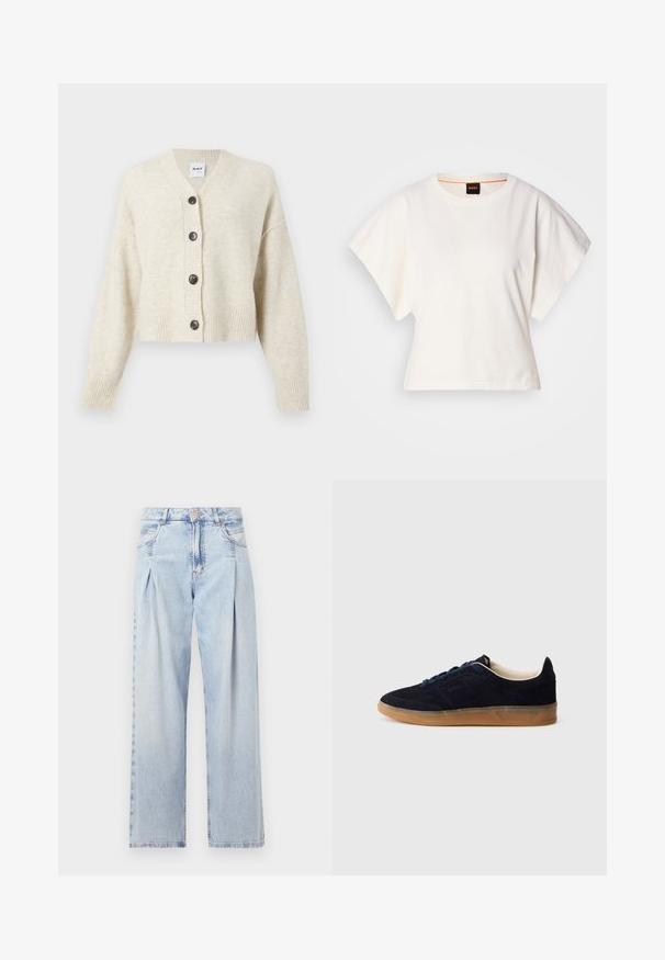 Heledab beige kudumkleit, millel on V-kaelus, viis tumedat nuppe, soonilised varrukad ja serv. Pehme tekstuur ja lühike disain.; Valge lühikeste laiadte varrukatega lühike T-särk, pehme puuvillane materjal, ümar kaelus kergelt oranži ääristusega, minimaalne disain, ilma mustrite ja graafikateta.; Heledad sinise denimist valmistatud teksapüksid kõrge vöökohaga, laia jala lõikega, kahe külje taskuga ja pleedi disainiga. Pehme tekstuur ja pleekinud viimistlus.; Tumesinised seemisnahast spordijalatsid kummist tallaga, siniste paeltega ja minimalistliku disainiga. Küljel on reljeefne logo ja sees on sile vooder.