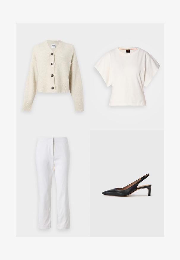 Heledab beige kudumkleit, millel on V-kaelus, viis tumedat nuppe, soonilised varrukad ja serv. Pehme tekstuur ja lühike disain.; Valge lühikeste laiadte varrukatega lühike T-särk, pehme puuvillane materjal, ümar kaelus kergelt oranži ääristusega, minimaalne disain, ilma mustrite ja graafikateta.; Valged puuvillased püksid sirge lõikega, keskmise kõrgusega vöökoht ja ilma nähtavate detailide või mustriteta. Ühtlane sile tekstuur.; Must musta slingback tüüpi kingad terava nina, madala kontsaga ja sileda pinnaga. Sisaldab õhukest reguleeritavat rihma turvaliseks istumiseks.